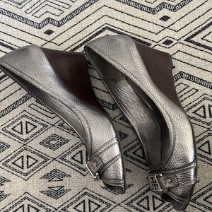 Tory Burch Metallic Pewter Leather Wedge Sandals